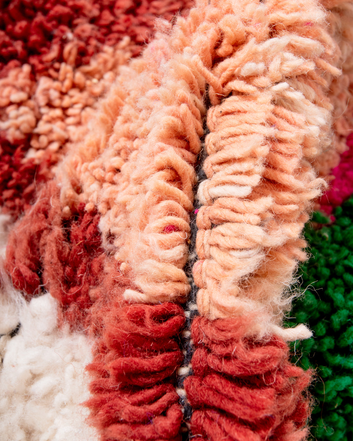 Modern, designer, handcrafted Berber rug from Morocco. Beniourain carpet with beautiful colours and patterns and fluffy wool texture.